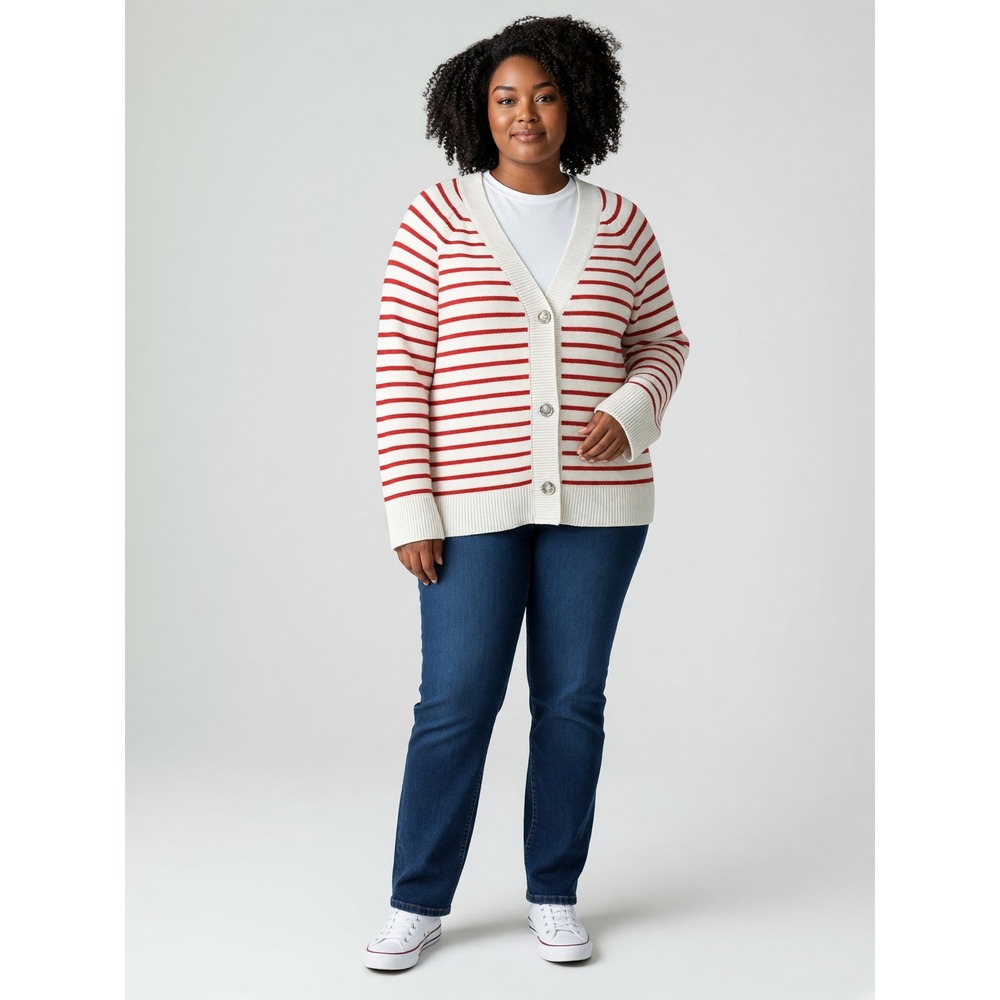 CJ Banks Womens 3X Orange White Striped V-Neck Button Front Cardigan Sweater